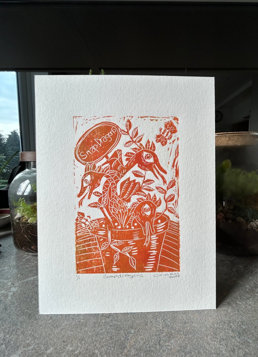 Snap Dragons in orange - Original Lino print