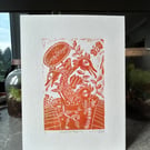 Snap Dragons in orange - Original Lino print