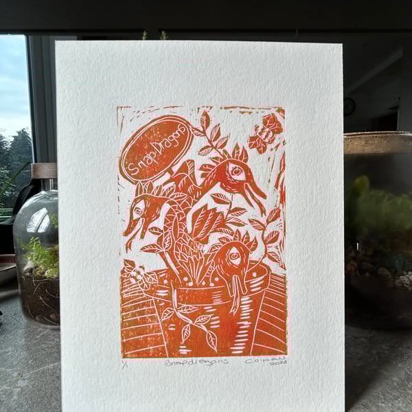 Snap Dragons in orange - Original Lino print