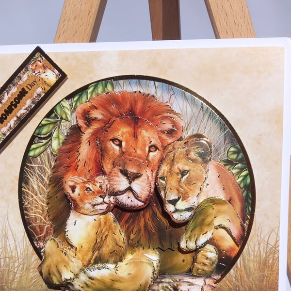 Wildlife birthday card decoupaged lion greetings