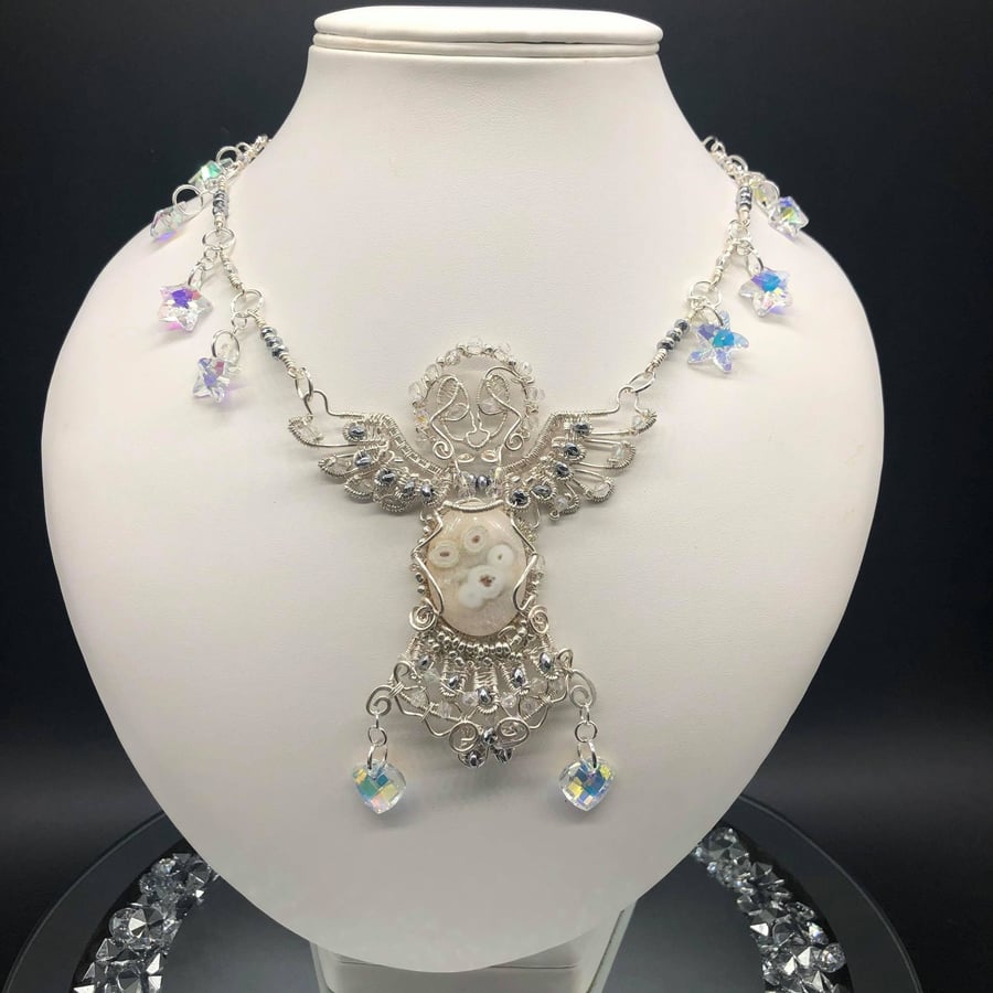 Guardian Angel wire weave pendant with Solar Quartz and Swarovski Crystal