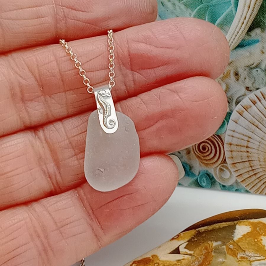 Seahorse pendant seaham sea glass seafoam sterling silver