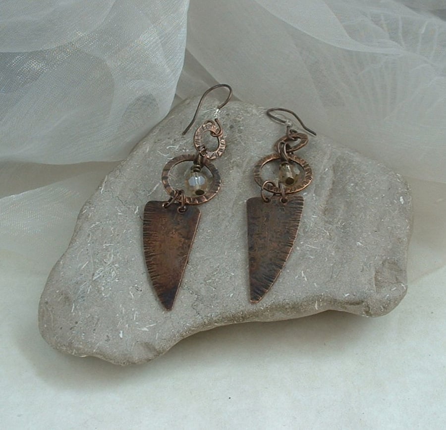 Rustic Copper Dangle Earrings with glass beads