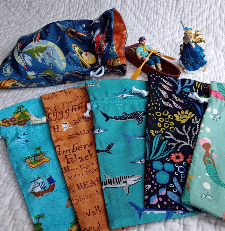 Drawstring bag - Planets, Pirate, Shark, Mermaid  - toy, storage or gift bag