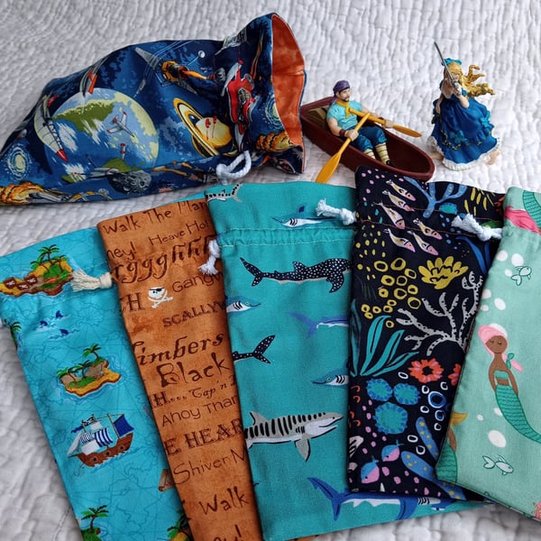 Drawstring bag - Planets, Pirate, Shark, Mermaid  - toy, storage or gift bag