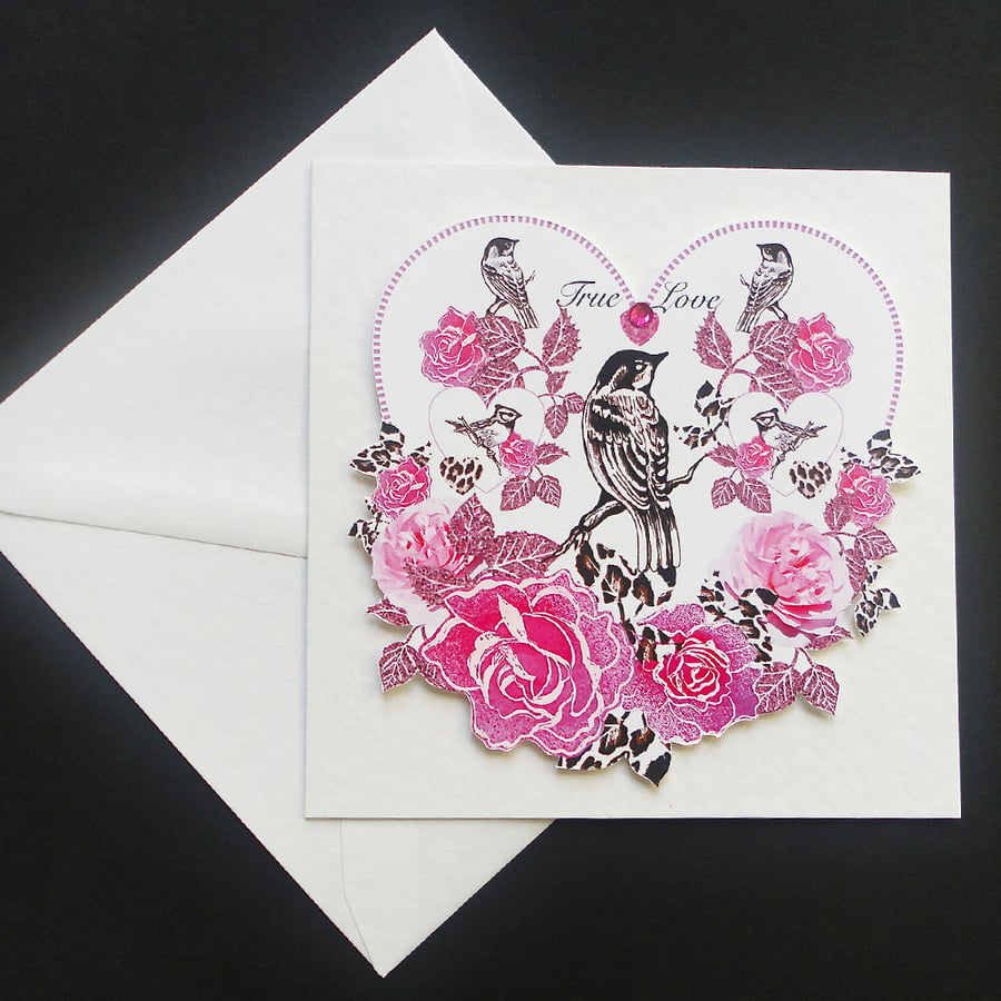 Pink Rose and Bird Handcrafted Card