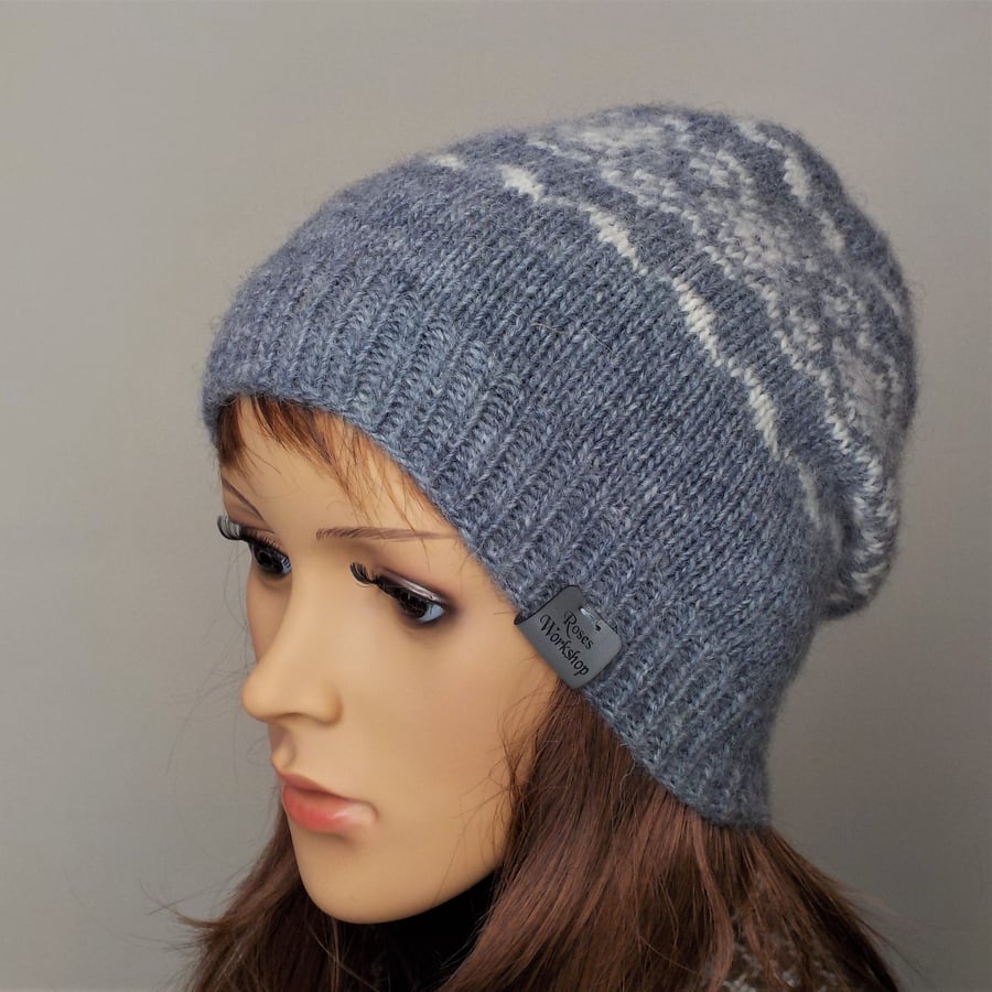 Knitted hat British Masham wool beanie Fairisle design grey and cream winter hat
