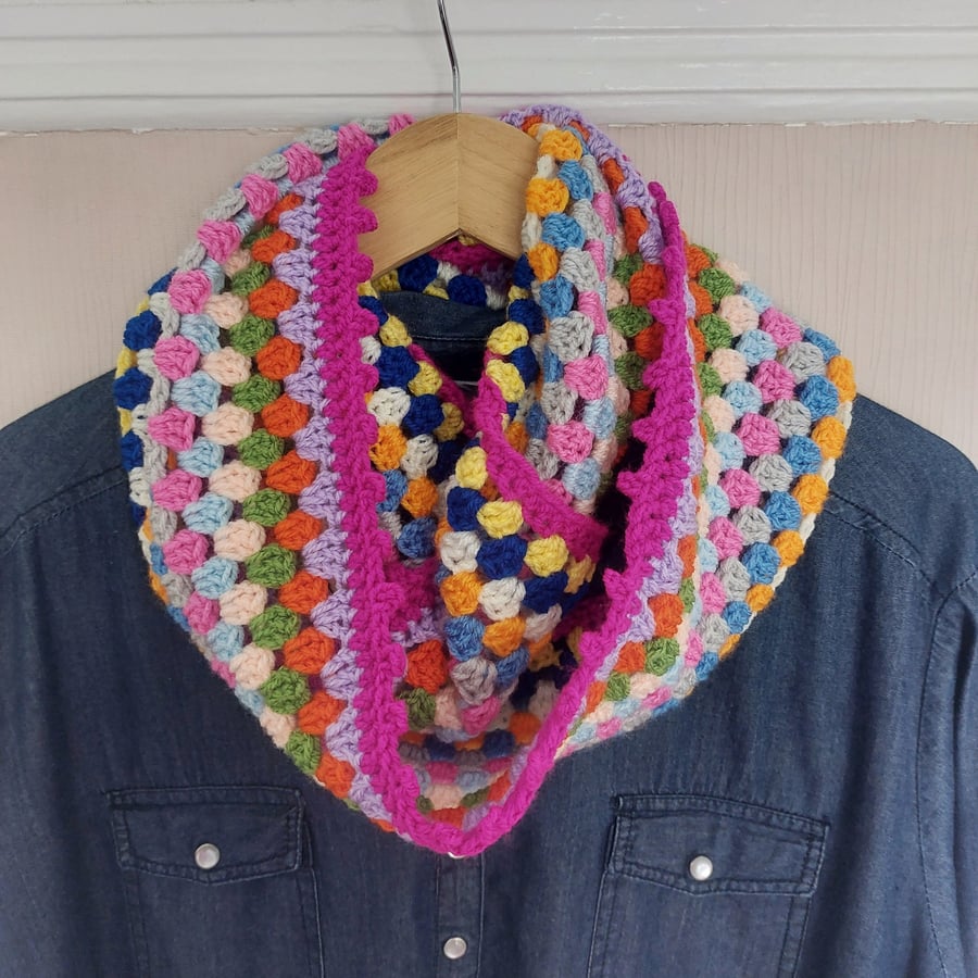Crochet Infinity Scarf Magenta Trim