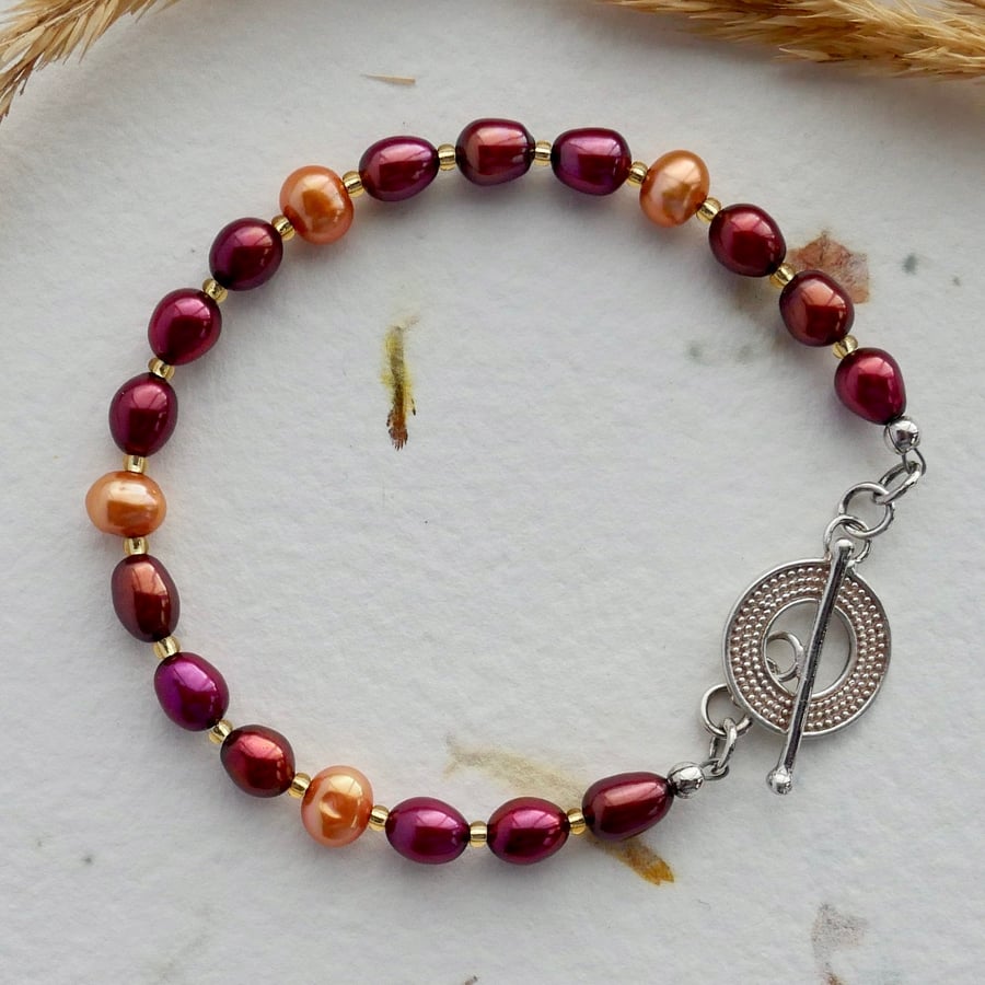Image of Dark Red and Orange Pearl Bracelet with Sterling Silver Toggle Clasp