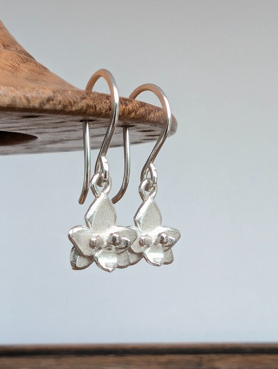 Silver Orchid Earrings - Small Flower Drop Earrings in Sterling Silver