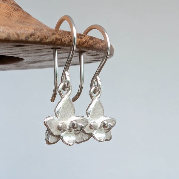 Silver Orchid Earrings - Small Flower Drop Earrings in Sterling Silver