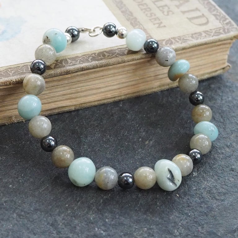 Gemstone beaded sterling silver bracelet, semi-precious stone beads