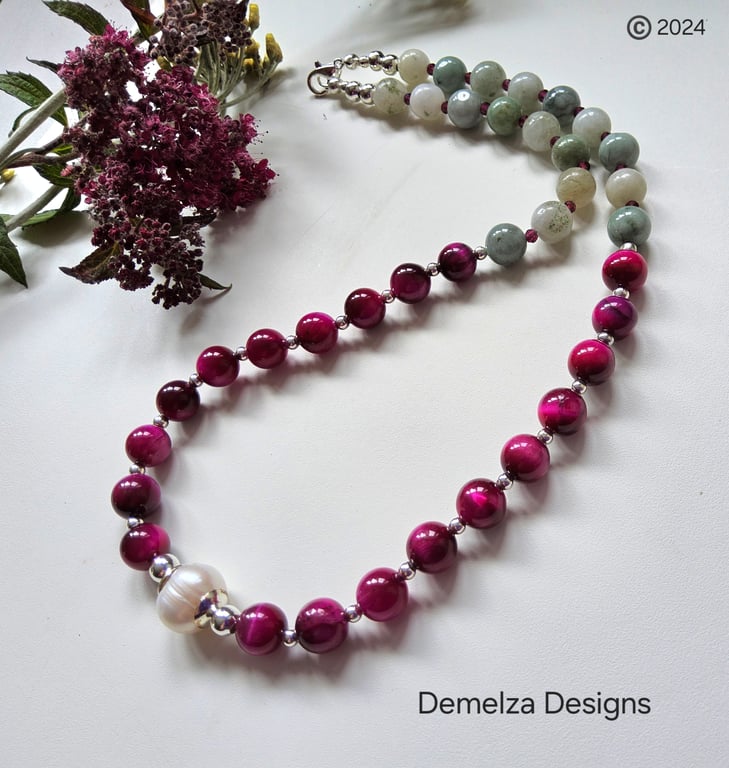 Designer Jadeite, Tiger's Eye, Barogue Pearl & Rhodanite Garnet Necklace 