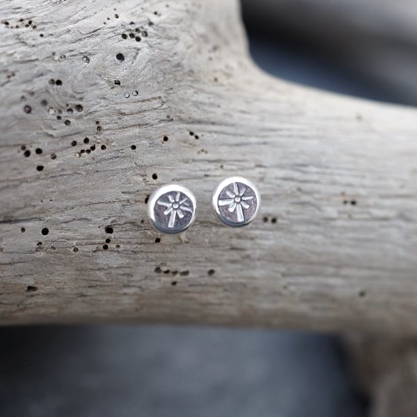 Sterling silver star burst stud earrings, Small silver unisex earring studs
