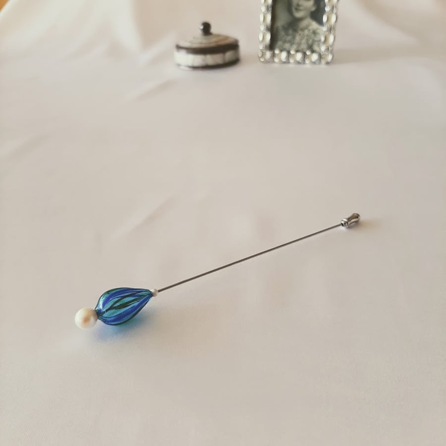 Blue Glass Peardrop Bead Hat Pin