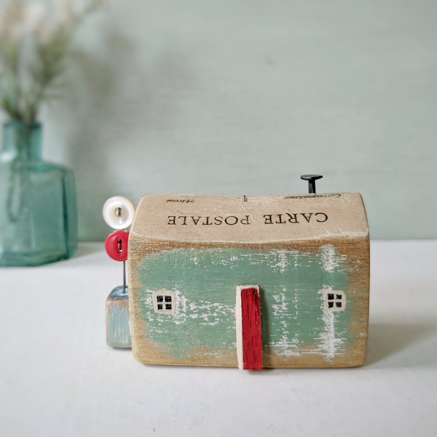 Little Handmade Wooden House with Teeny Button Flower Garden