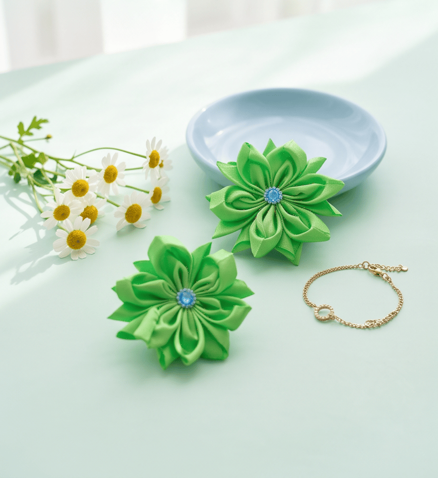 Image of Cute Green Flower Hair Bun, Crystal Centre Satin Bows, Birthday Gift for Girl