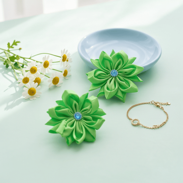 Cute Green Flower Hair Bun, Crystal Centre Satin Bows, Birthday Gift for Girl