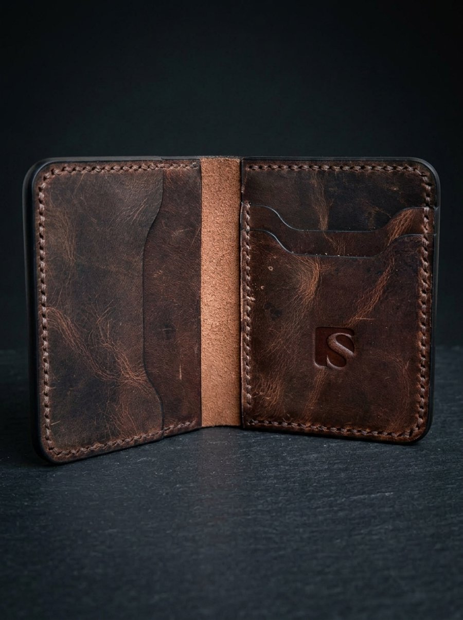 Image of Rustic Brown Full Grain Leather Mini Wallet Compact Bifold Handmade Wallet UK