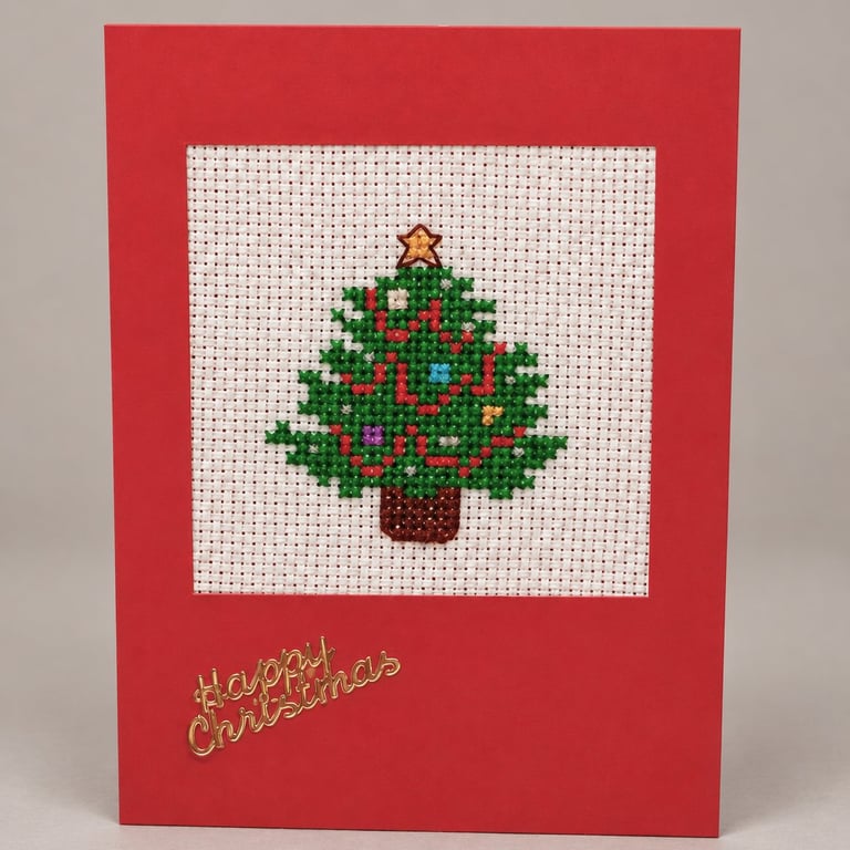 Handmade Cross Stitch Christmas Tree Card – Traditional Xmas Card – 6 x 4 Inch