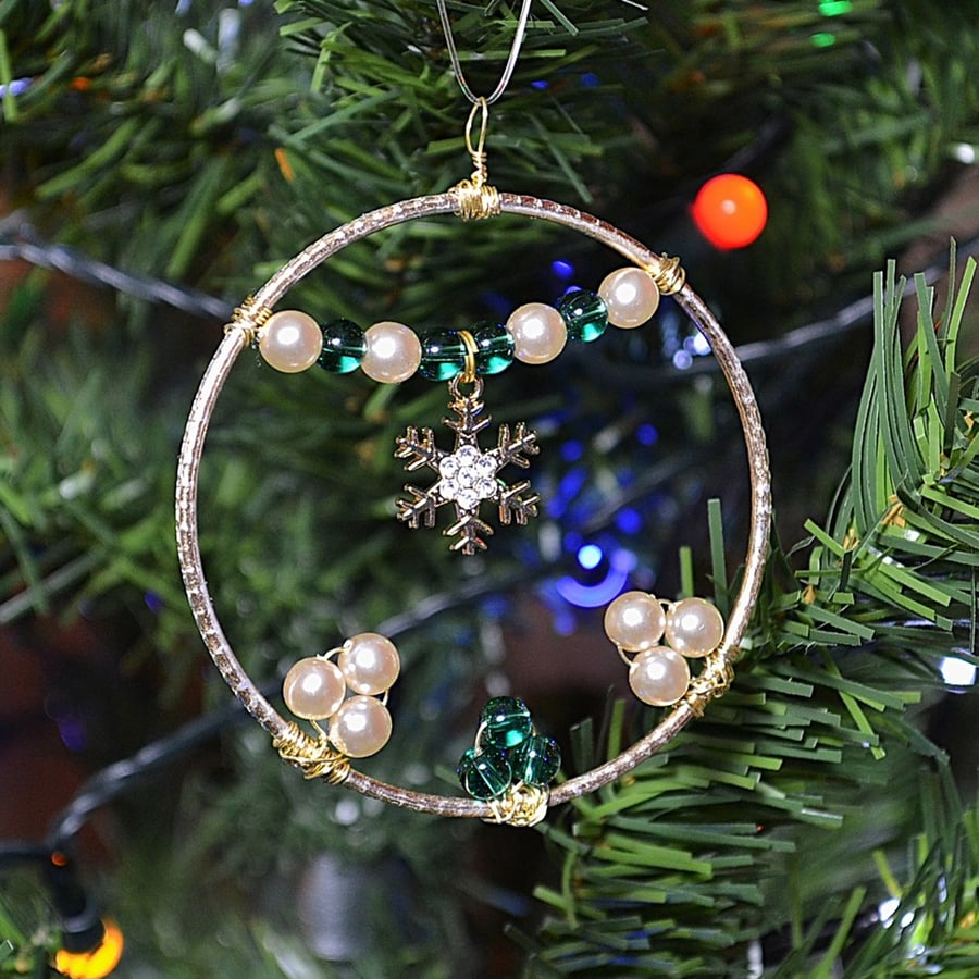 Upcycled Bangle Christmas Decoration – Green and Pearl Glass Bead with Snowflake