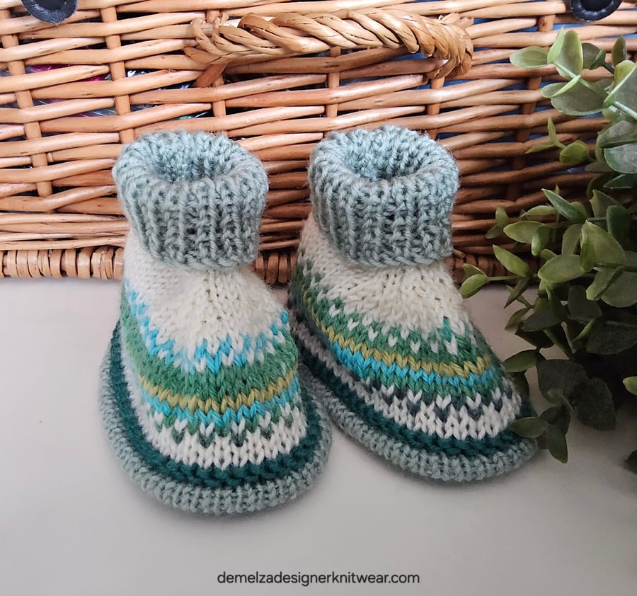 Designer Fairisle 90% % 100% Merino Wool Booties 3-9 months size