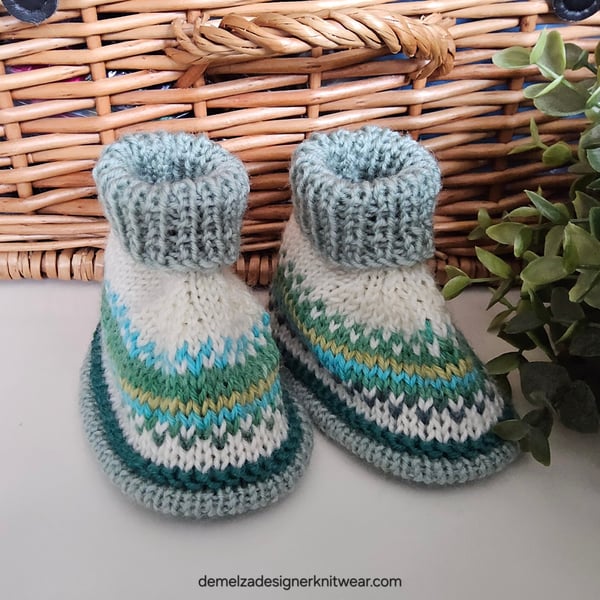 Designer Fairisle 90% % 100% Merino Wool Booties 3-9 months size