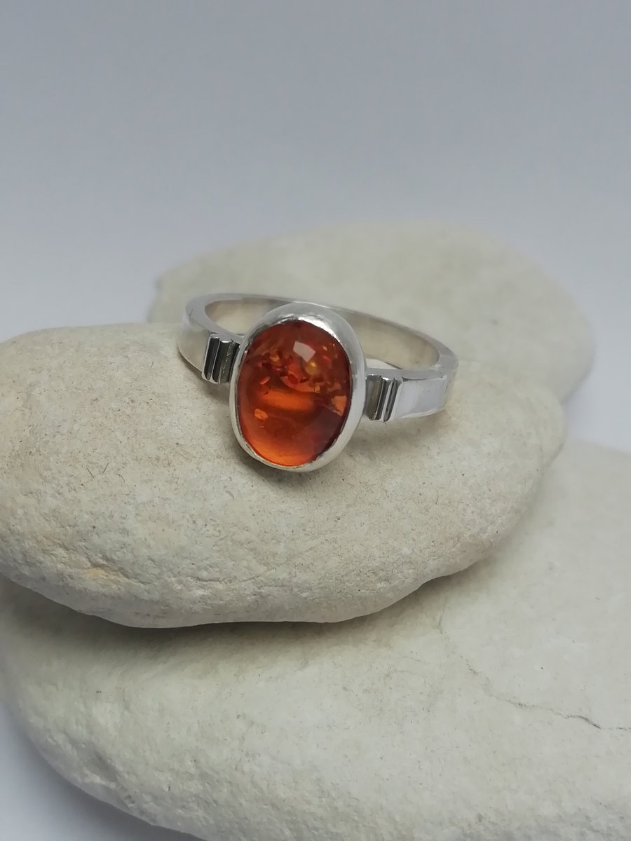 Amber and Lined Silver Band Ring