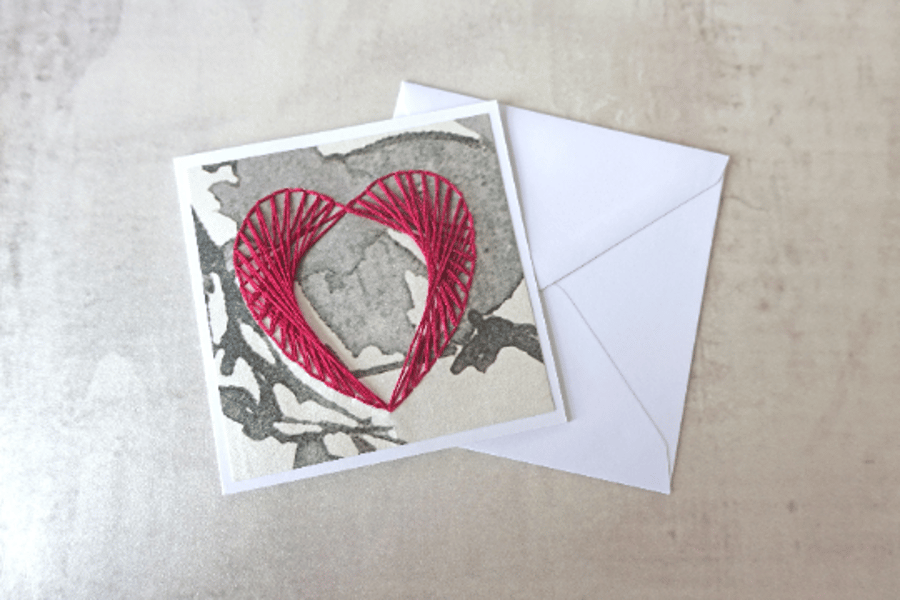 SALE Hand Stitched Burgundy Heart Card