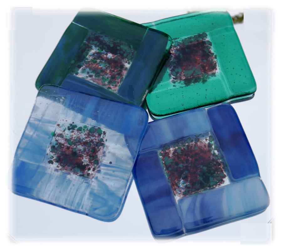 Fused Glass Coasters Set of 4  8cm  Aqua