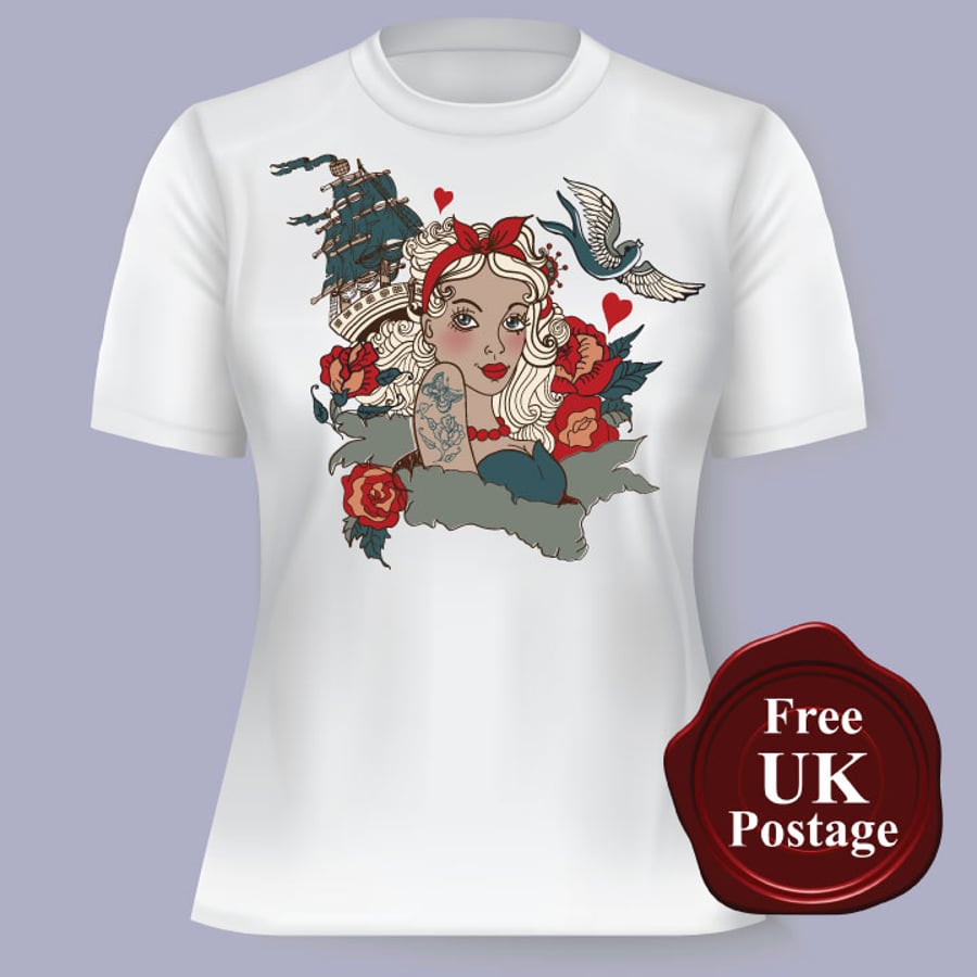 Women’s white t Shirt, Pirate Tattoo, girl Design, T Shirt, Choice of Sizes