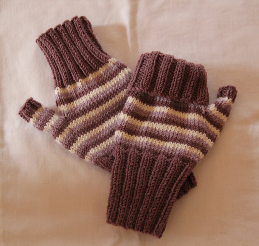 Hand Knitted Alpaca Mix Striped Fingerless Gloves