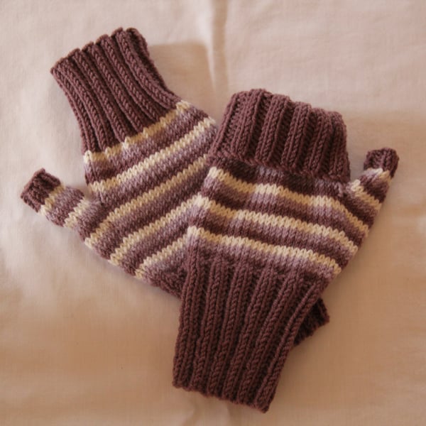 Hand Knitted Alpaca Mix Striped Fingerless Gloves