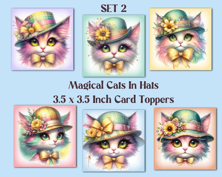Magical Cats In Hats Square Card Toppers for Card Making, Journals, Tags