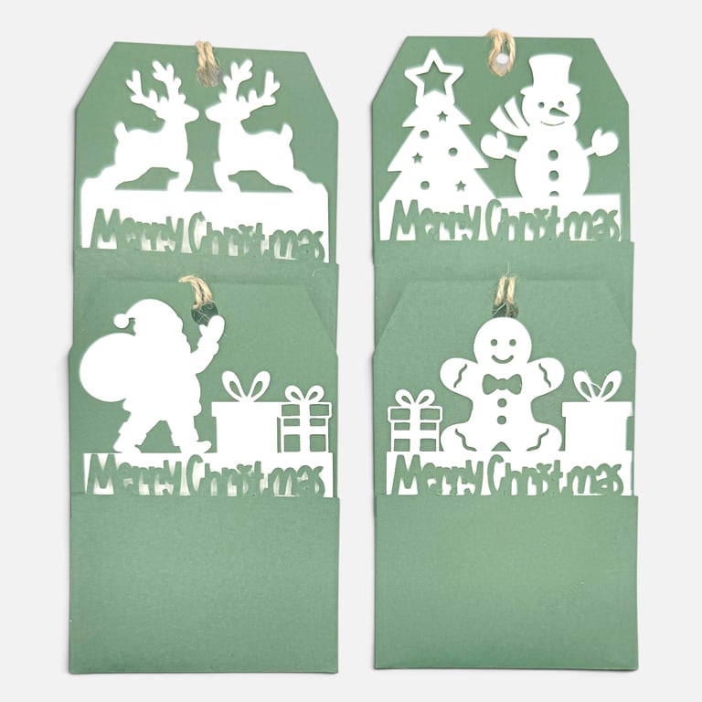 Handmade Christmas Gift Tags, Slide In Message Tags, Green Set of 4