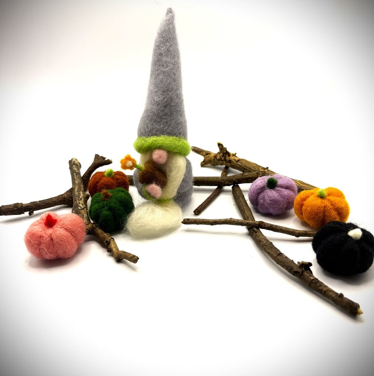 Handmade Needle-Felted Autumn Gardening Gonk Grey Coat & Hat Holding Flower Pot