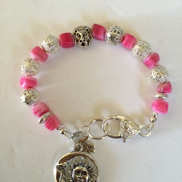 Barbie pink mother of pearl and Tibetan silver beaded bracelet 