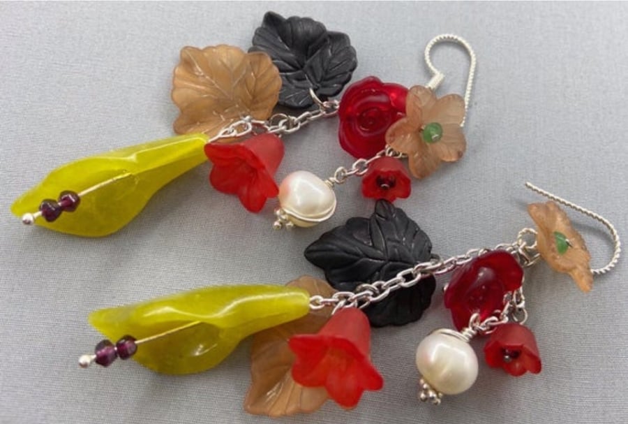 Autumnal Flower Earrings with Cultured Pearls, Serpentine, Green Quartz & Garnet