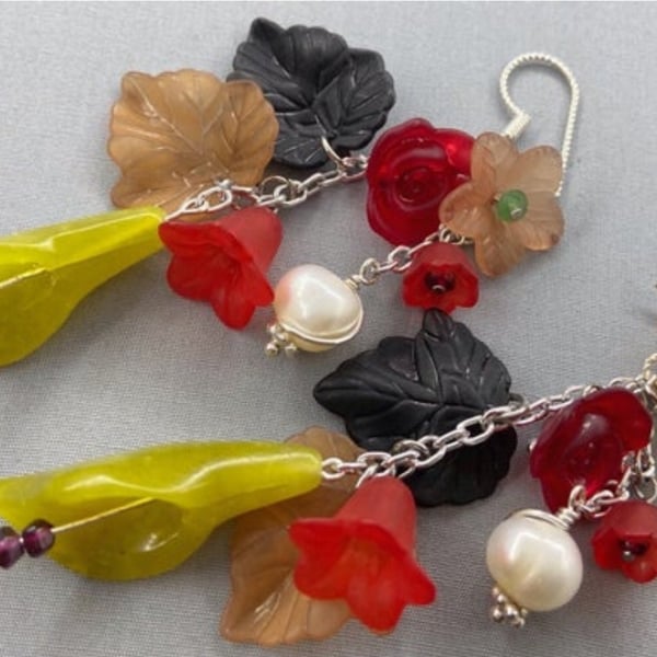 Autumnal Flower Earrings with Cultured Pearls, Serpentine, Green Quartz & Garnet