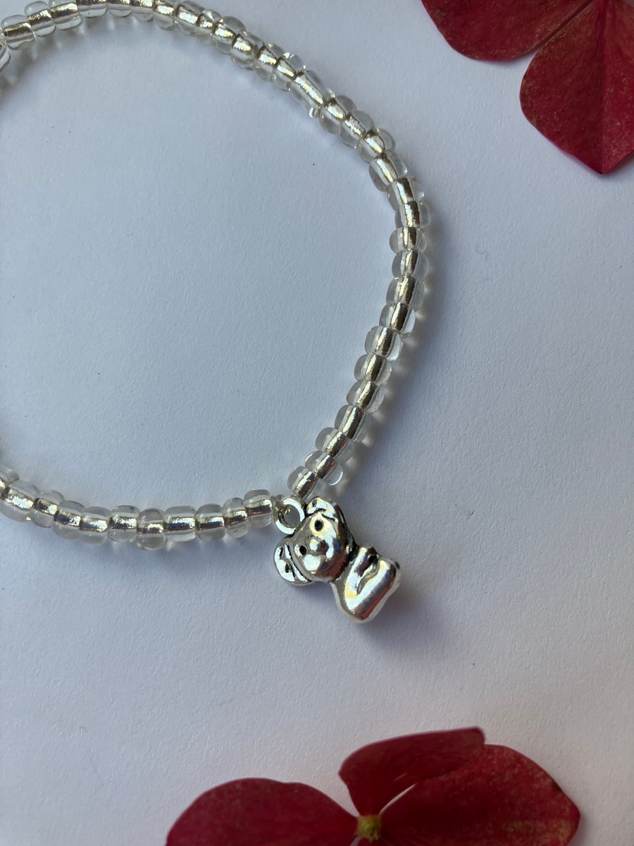 Silver-White Glass-Bead Bracelet with Koala Charm