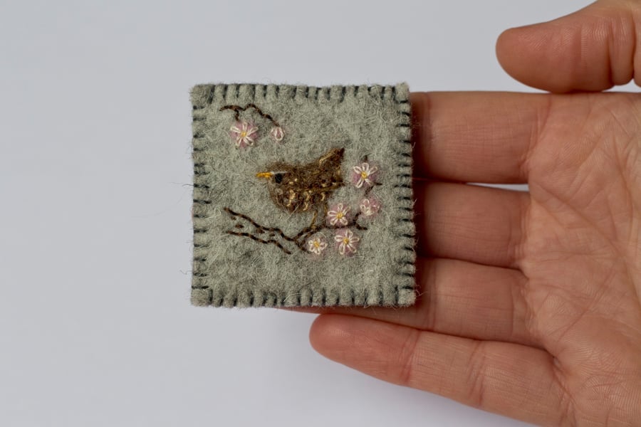 Wren in a Blossom Tree Felted and Embroidered Art Brooch