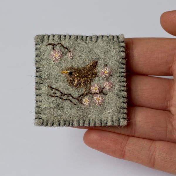 Wren in a Blossom Tree Felted and Embroidered Art Brooch