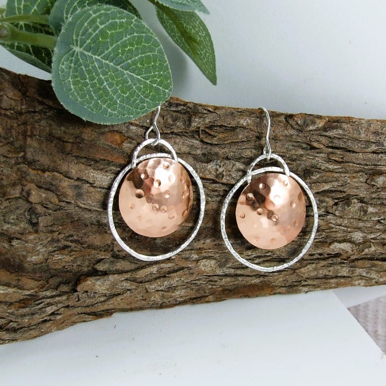 Earrings, Sterling Silver and Copper Moon Eclipse Dropper Earrings
