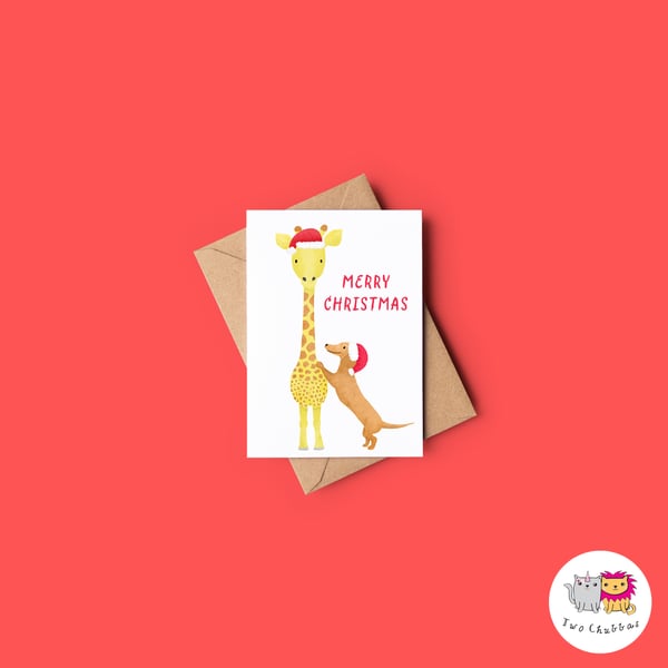 Giraffe and Dachshund Christmas Card, A6 Christmas Card
