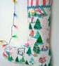 Upcycled Christmas Stocking - snowy winter scene with pink and red hearts - Image 5