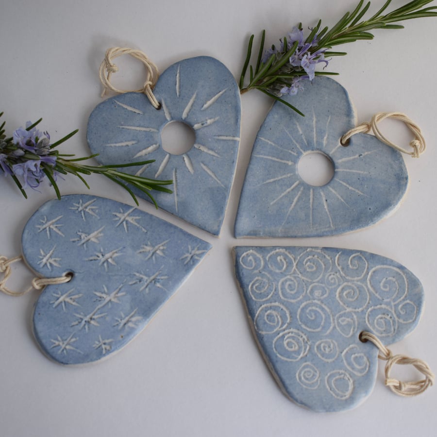 Four Blue Ceramic Hearts