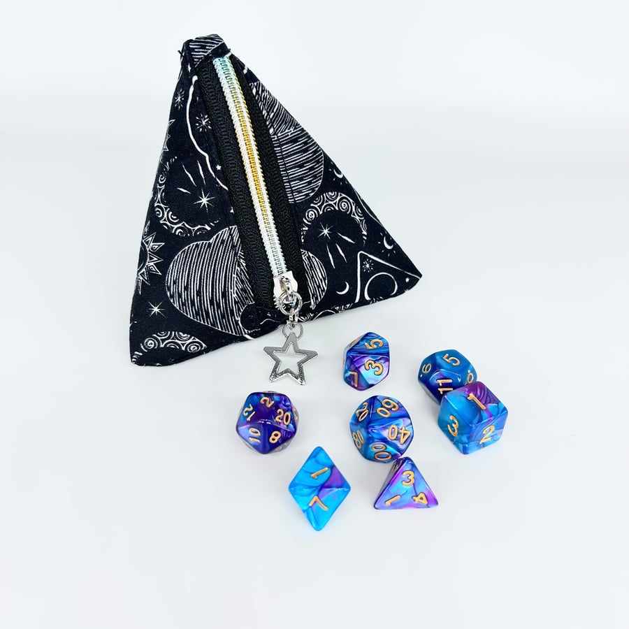 Dice bag for dnd role playing games, D4 shape, black with moons and stars.