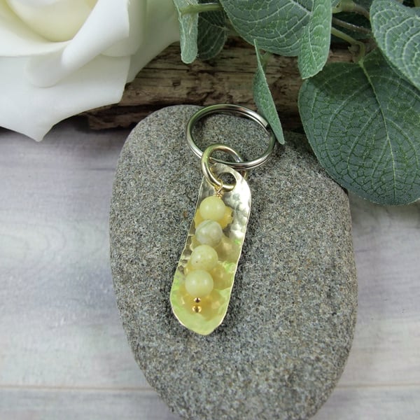 Keyring, Family Peas in a Pod Bag Charm. Brass & Lemon Jade