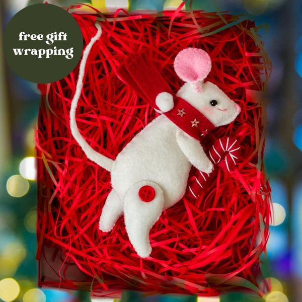 Christmas Mouse, hand-stitched sparkling heirloom wool felt ornament
