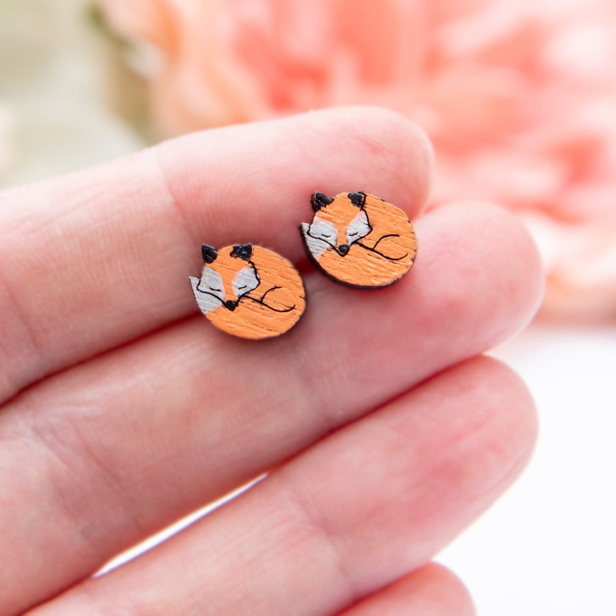 Hand Painted Wooden Fox Earrings, Sleepy Fox Studs, Red Fox Earrings, Cute